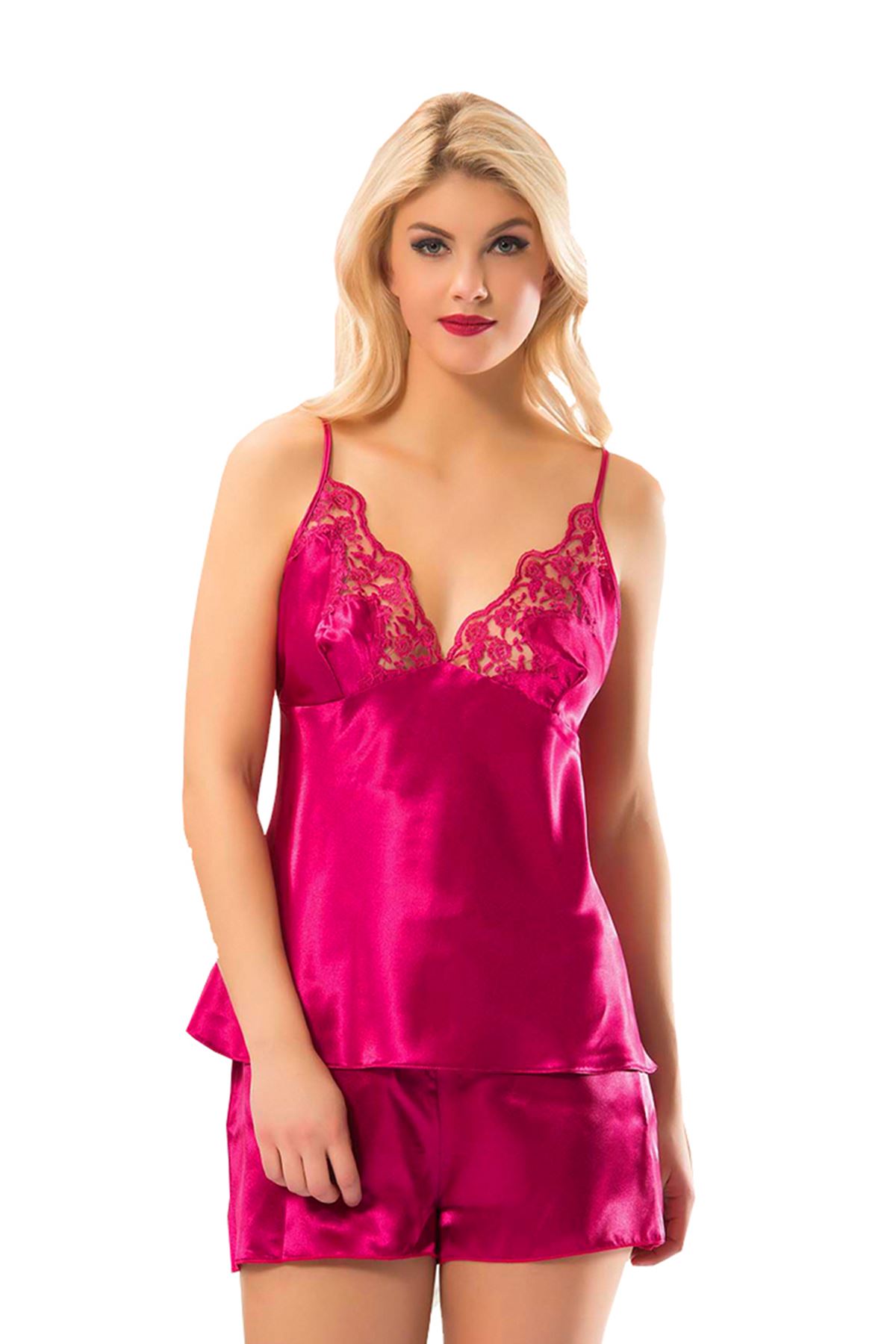 Fuşya Saten Babydoll Şortlu Takım - 297 - Beden S/M