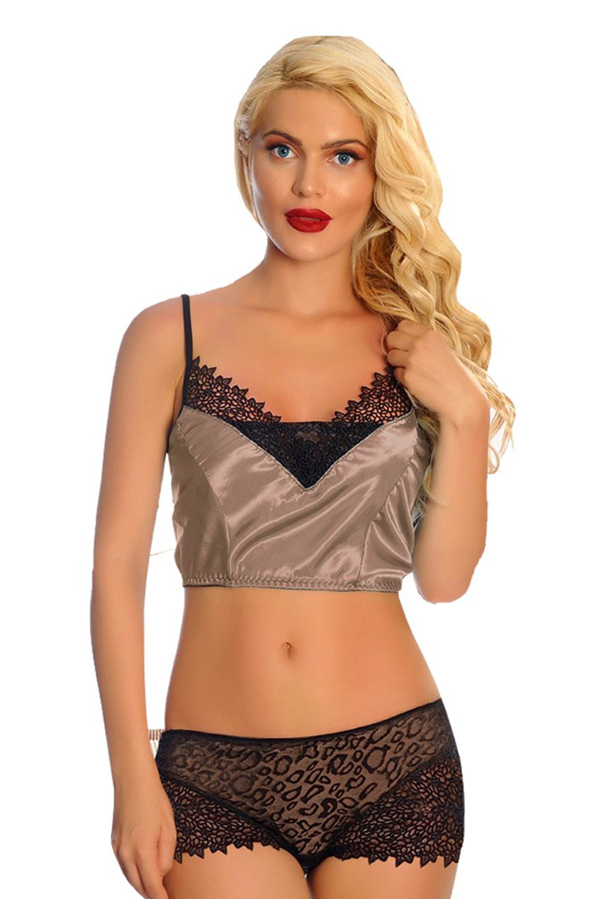 Vizon Saten Dantelli Babydoll Şortlu Takım - 289 - Beden S/M
