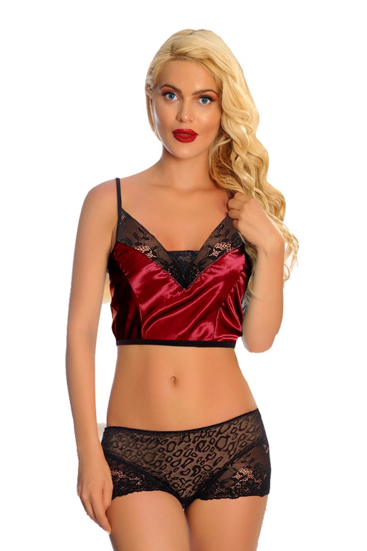 Bordo Saten Dantelli Babydoll Şortlu Takım - 288 - Beden L/XL