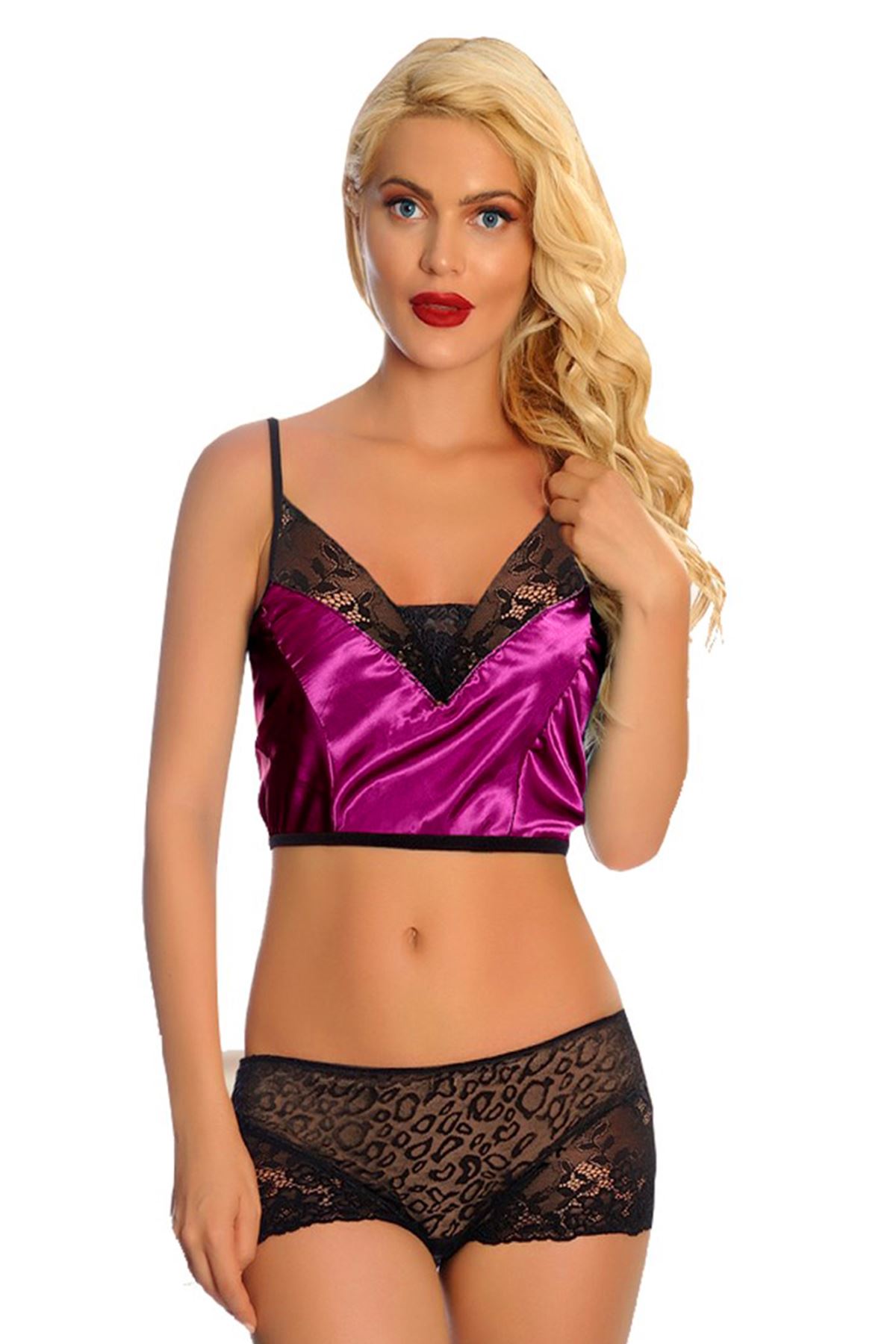 Mor Saten Dantelli Babydoll Şortlu Takım - 287 - Beden S/M
