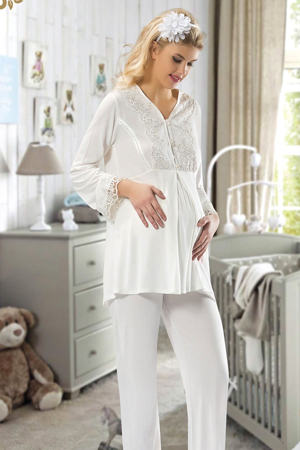 Ekru Hamile ( Lohusa ) Pijama Takımı - 1604 - Beden S