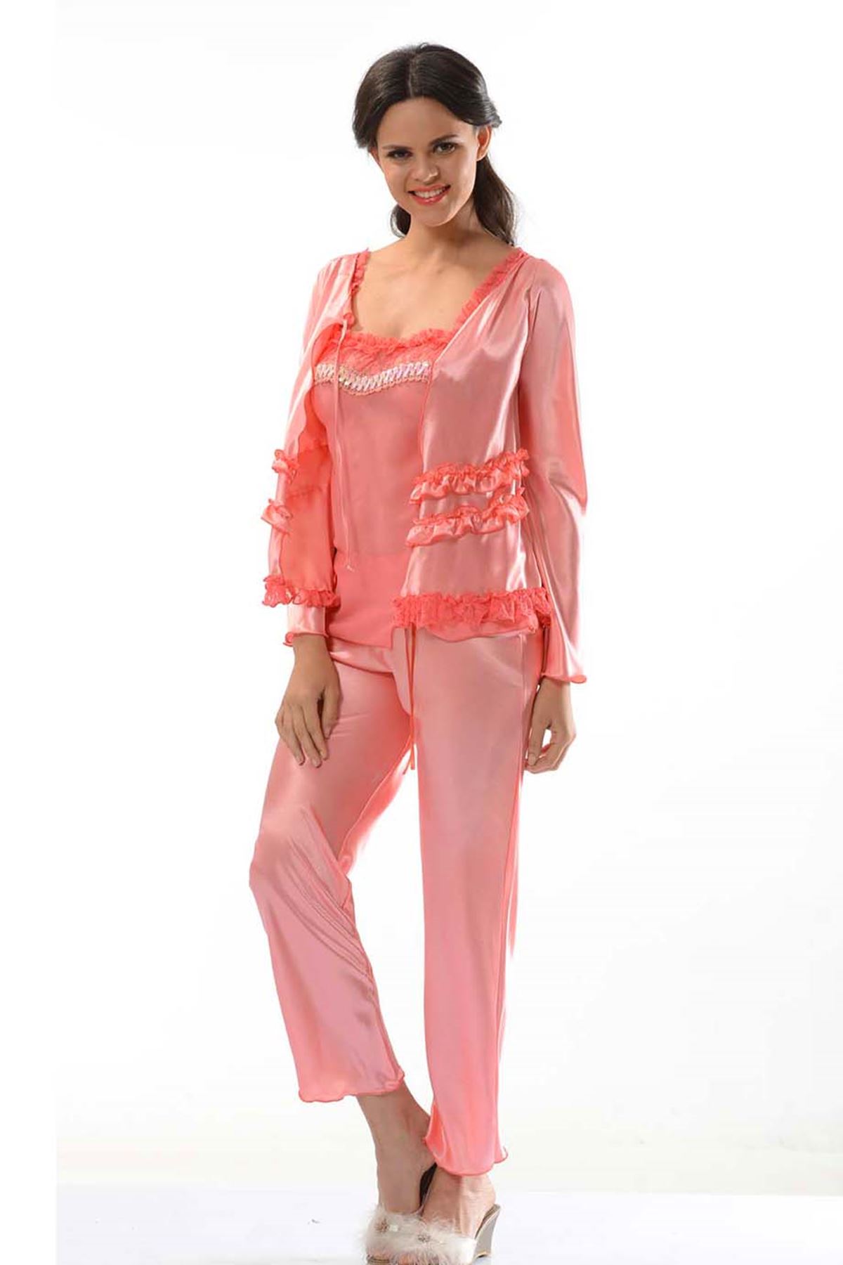 Nar Çiçeği Saten Pijama Takımı - 1413 - Beden L