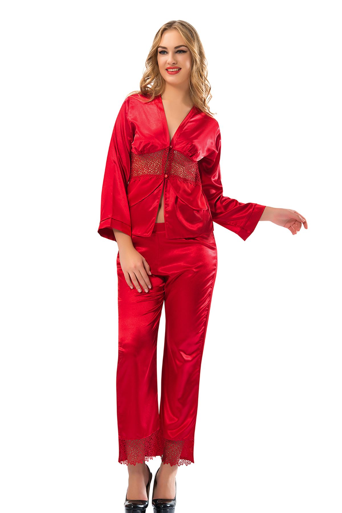 Kırmızı Saten Pijama Takımı - 1601 - Beden L