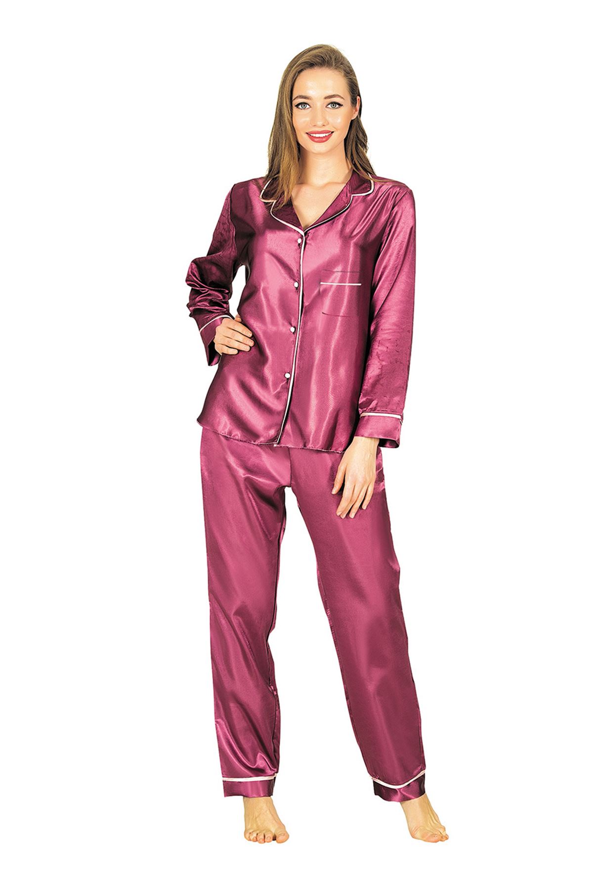 Mor Saten Pijama Takımı - 1613 - Beden L
