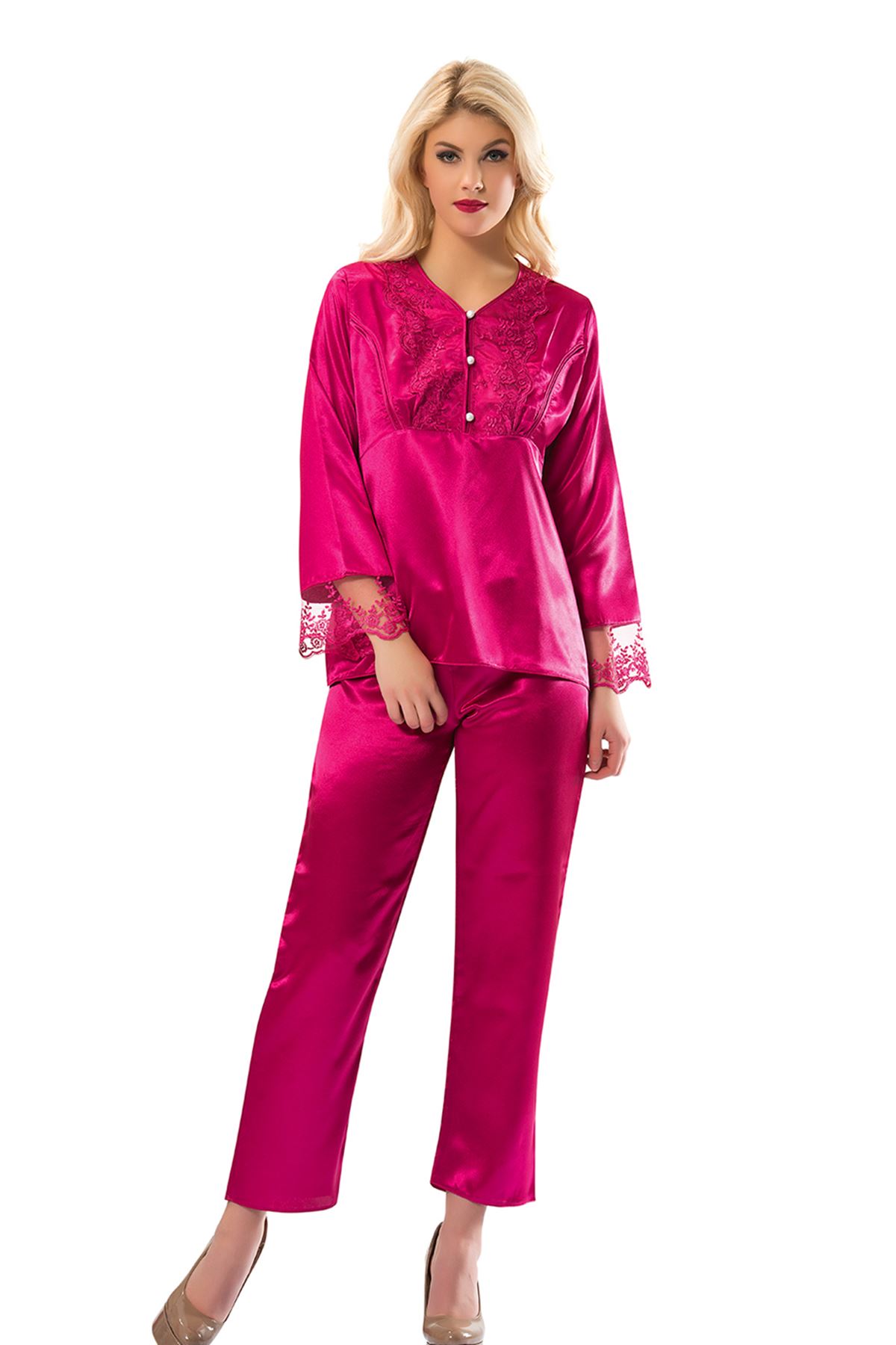 Fuşya Saten Pijama Takımı - 1595 - Beden M