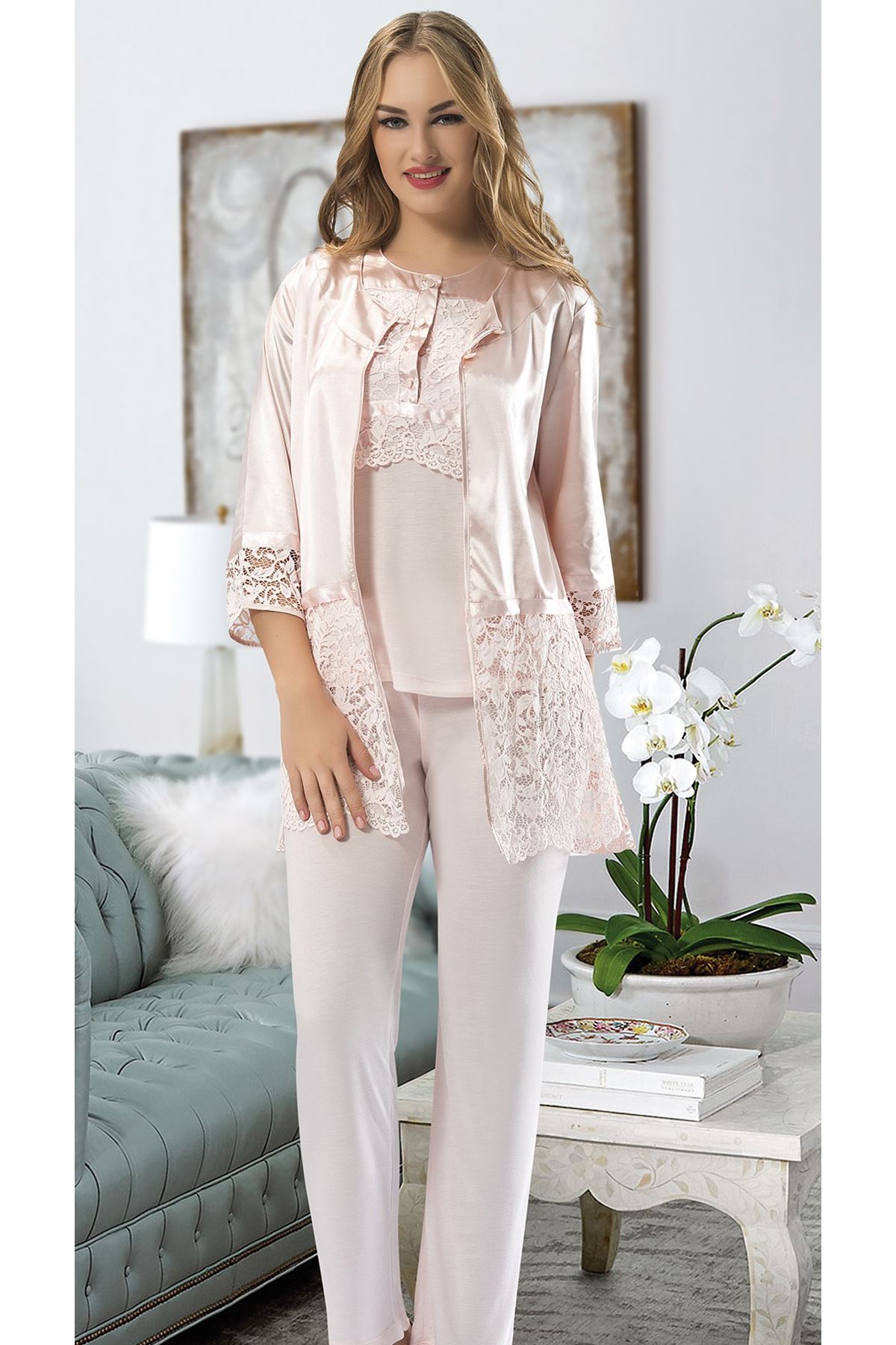Pudra Penye Pijama Takımı - 1417 - Beden L