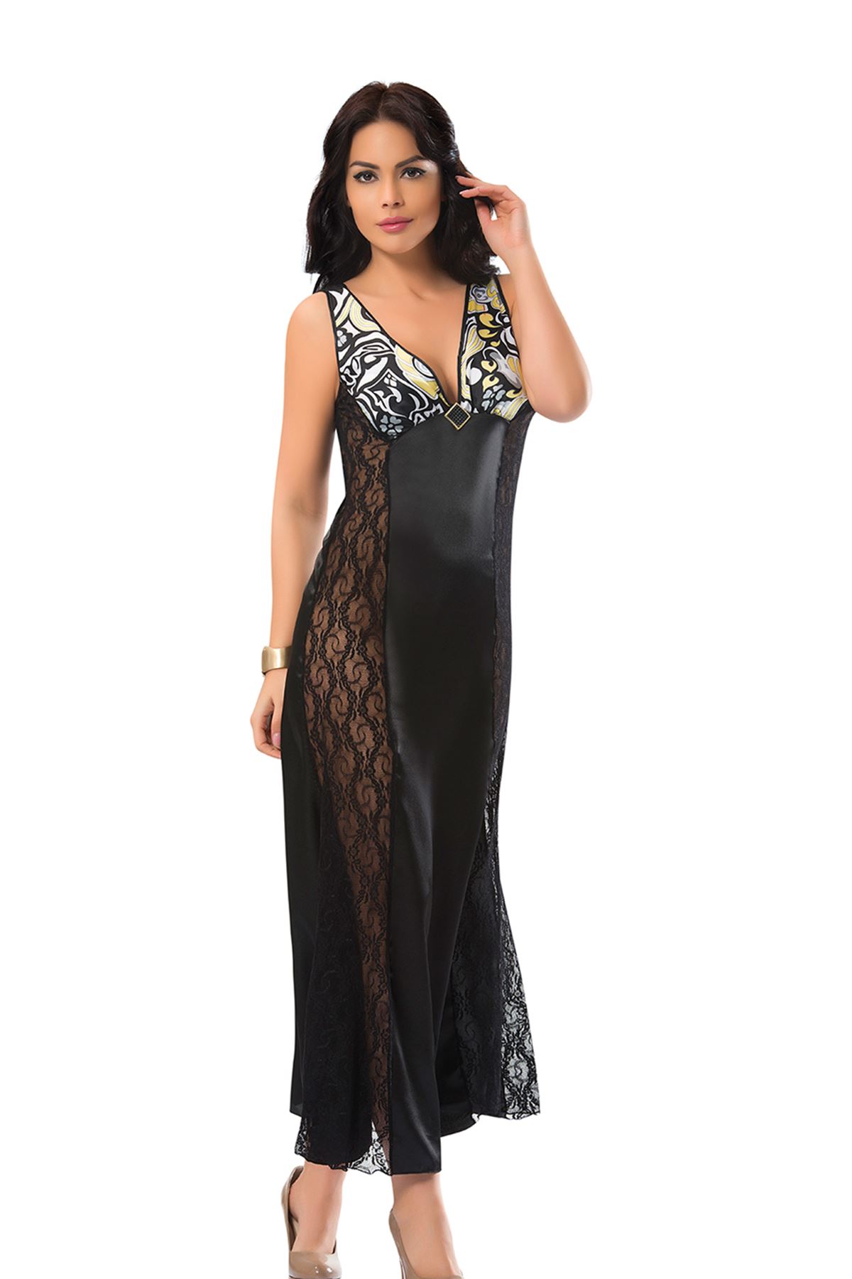 Siyah Dantelli Saten Gecelik - 085 - Beden S/M