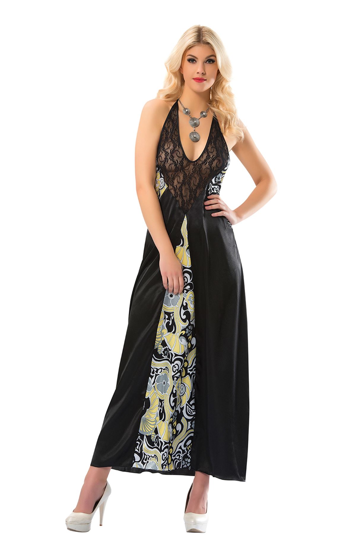 Siyah Dantelli Saten Gecelik - 086 - Beden S/M