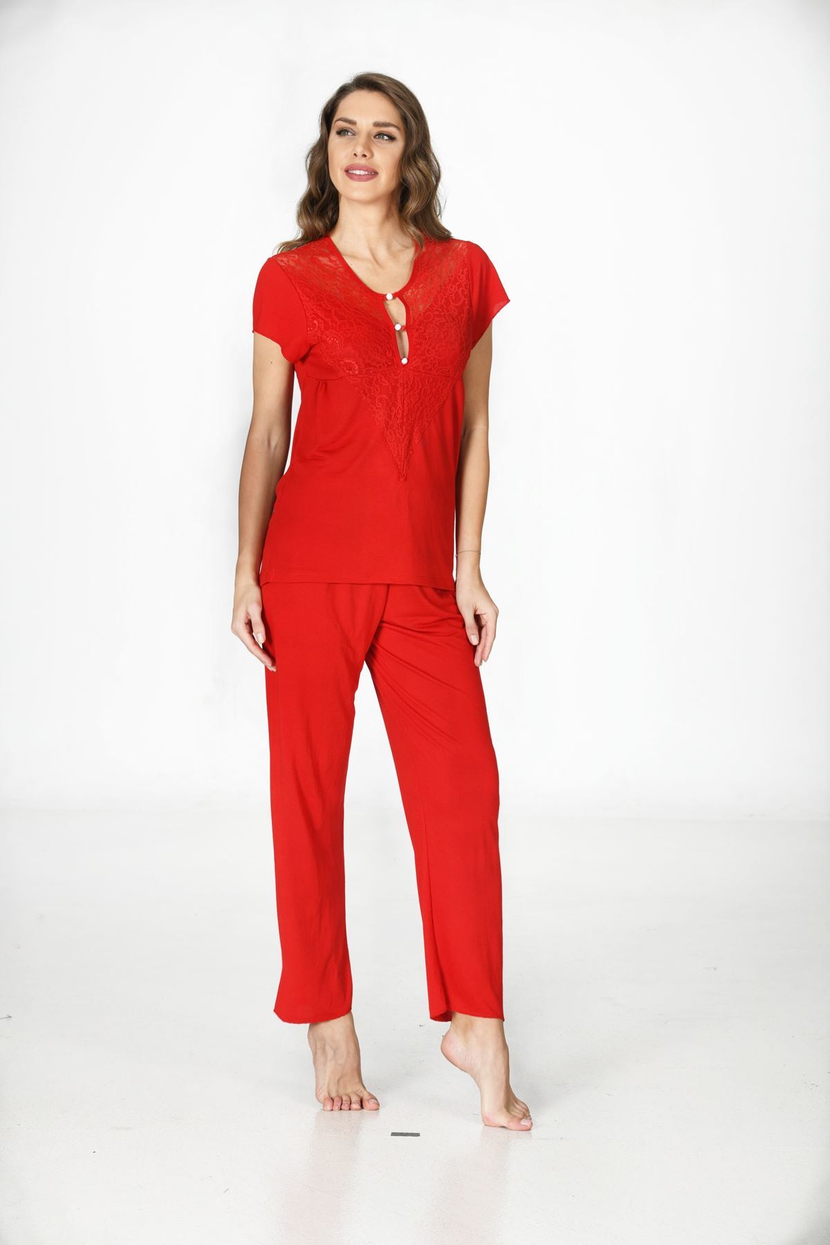 Kırmızı Penye Pijama Takımı - 1551 - Beden S/M