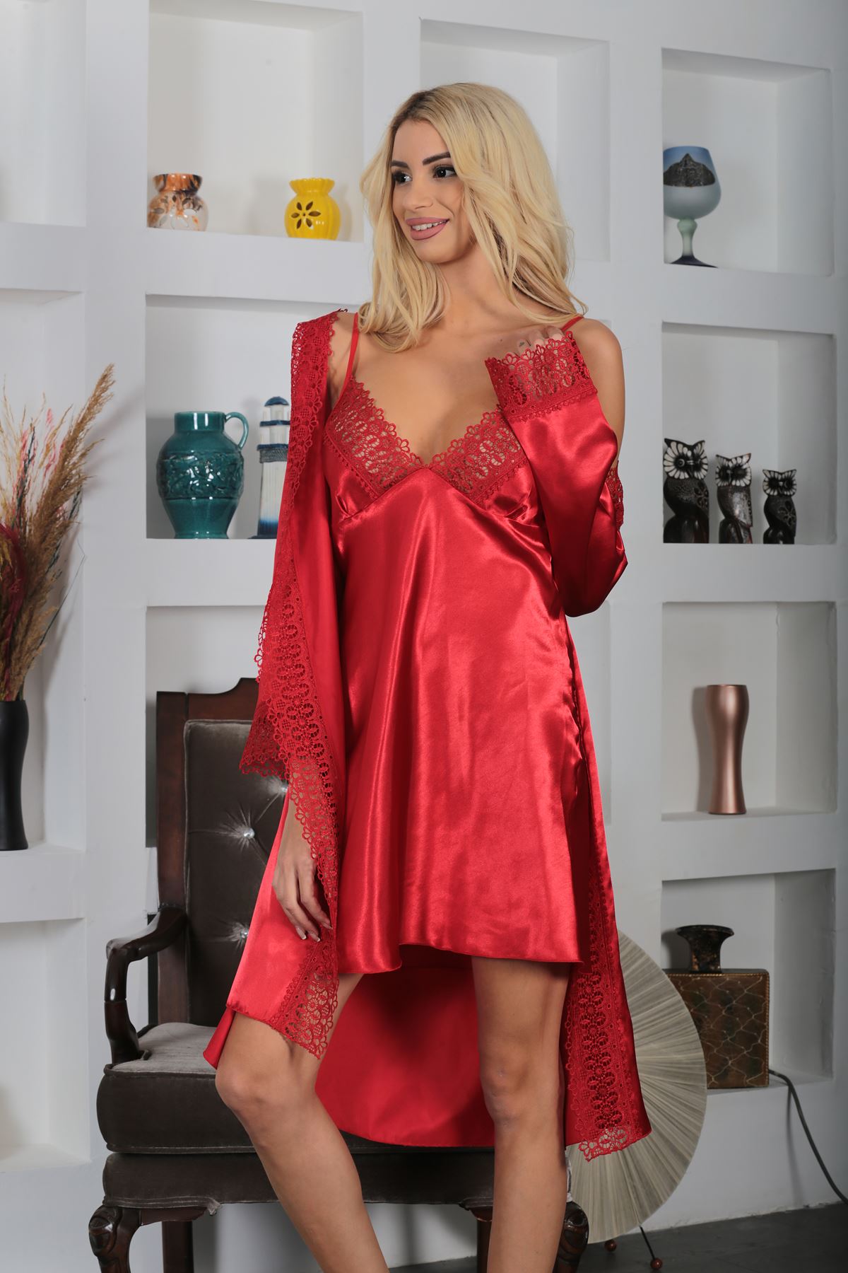 Kırmızı Saten Gecelik - 1703 - Beden L/XL